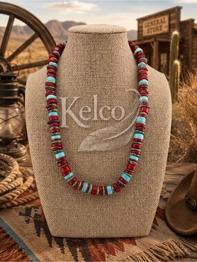 Turquoise, Coral & Blue Chalcedony Heishi 20” Necklace